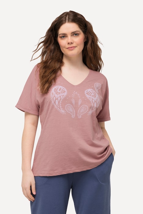 T-Shirt, Flockdruck, V-Ausschnitt, Halbarm, Biobaumwolle