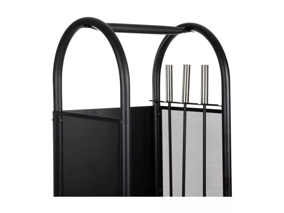 Porte-bûches en métal avec outils de cheminée noir 35x32x81h