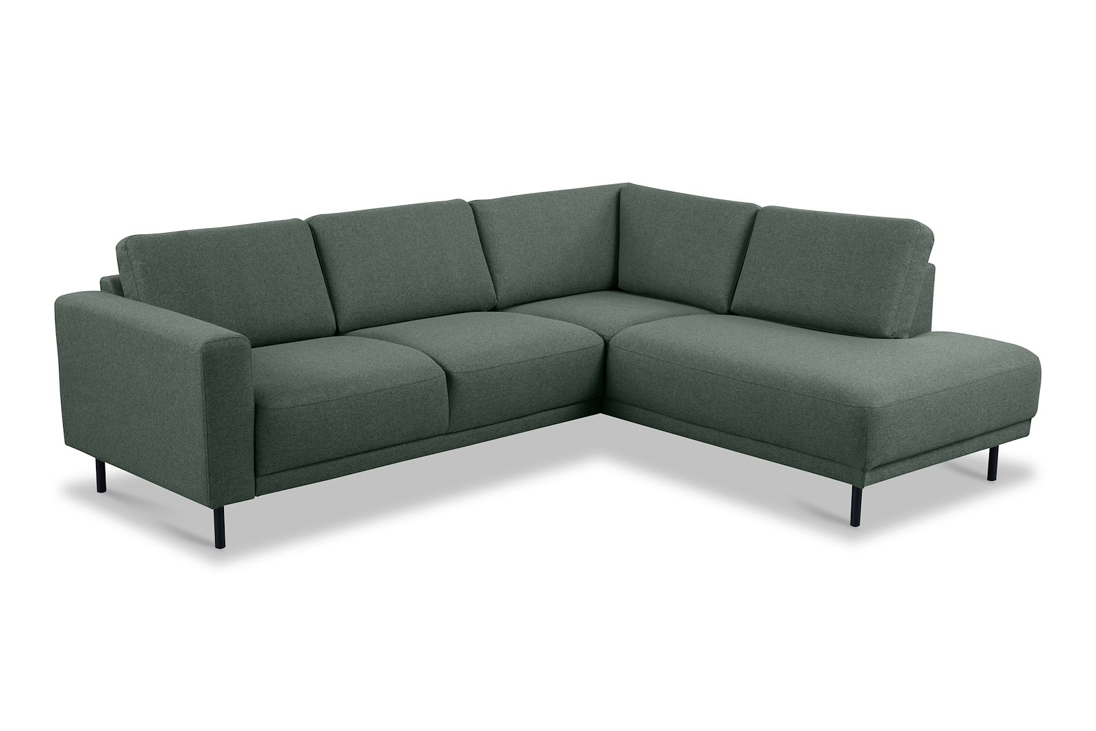 Portland hjørnesofa 2-seter med åpen ende høyre. Tekstil Herby 10 Green med sorte ben