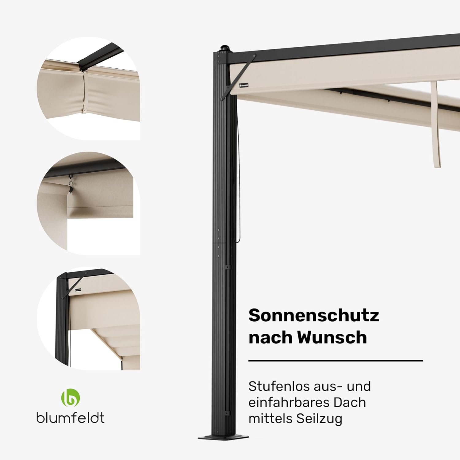 blumfeldt Pantheon Cortina Pavillon 3x3 m – Aluminiumrahmen, Verstellbares Dach & Seitenrollos, Wetterfest & Stabil, Beige/Schwarz