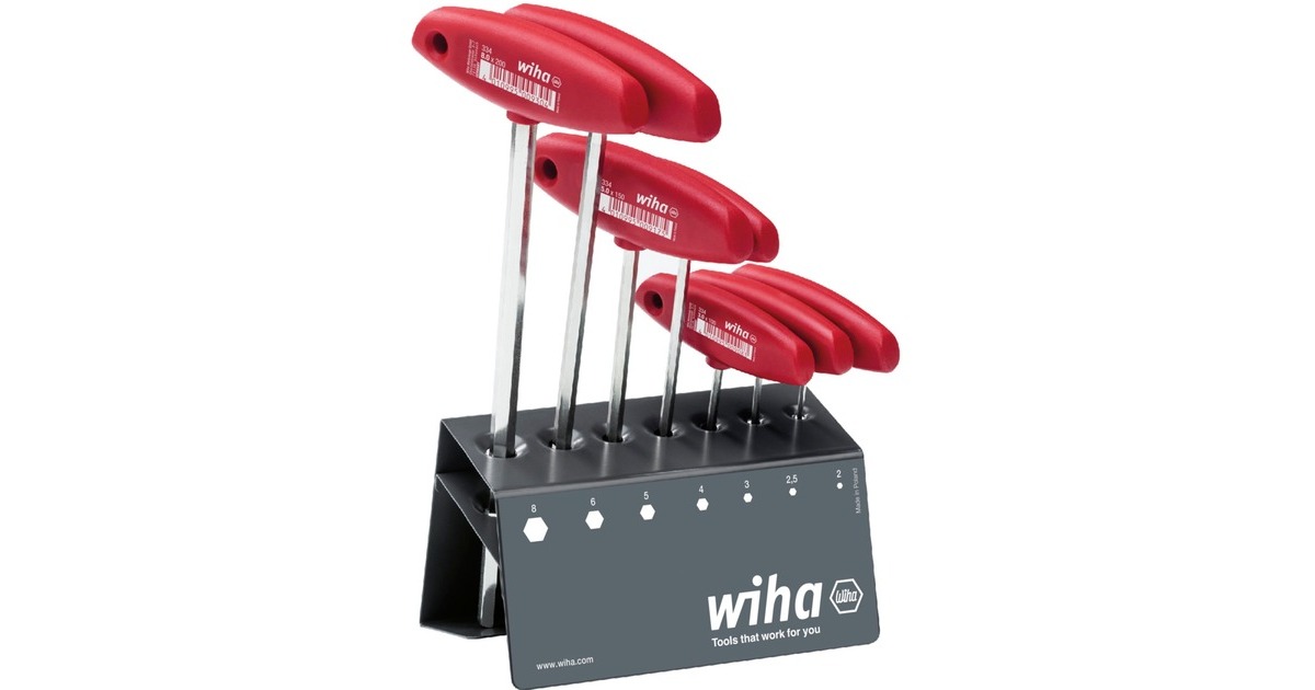 WihaStiftsleutelset met dwarsgreep  (Rood, 8-delig, zeskant, hoogglans vernikkeld, incl. werkbankhouder )