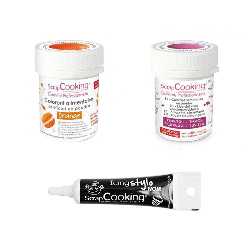 2 colorants alimentaires orange-pourpre + Stylo glaçage noir Scrapcook