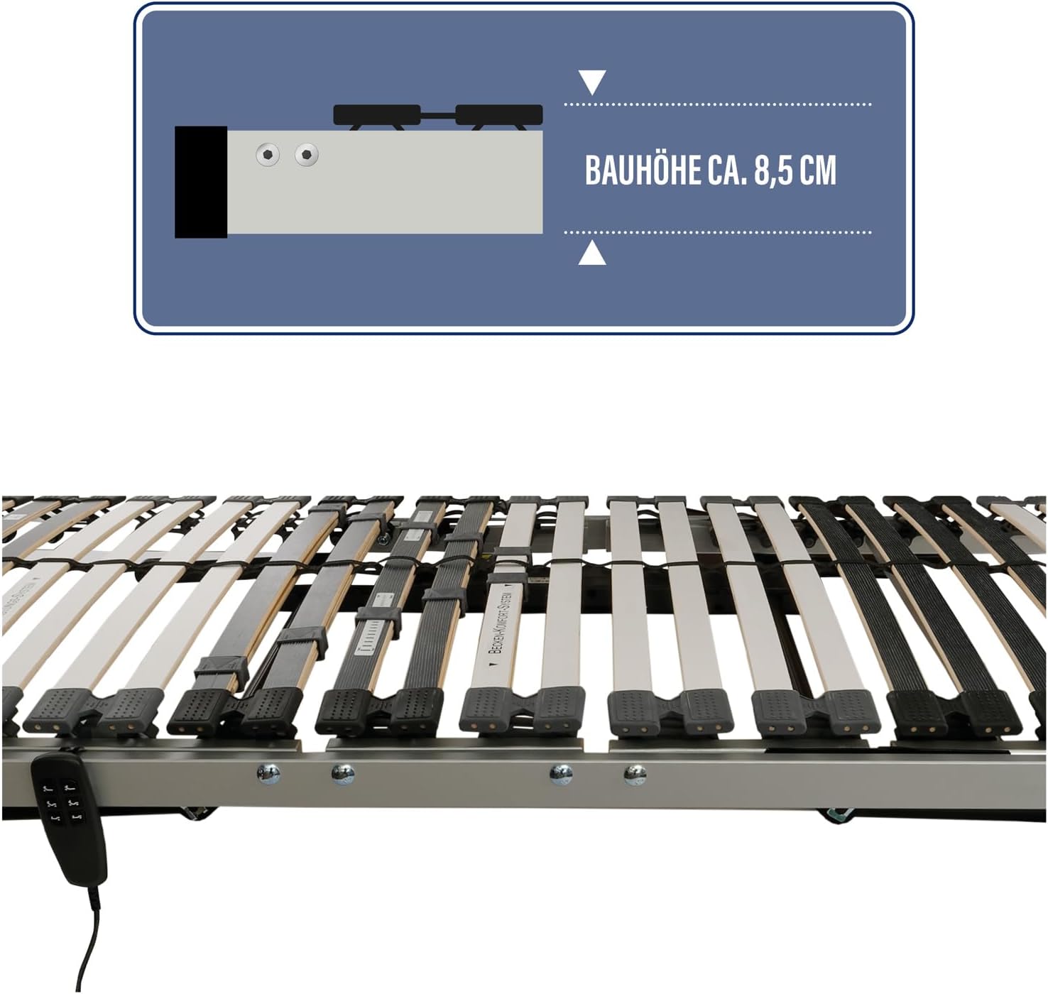 BeCo Lattenrost, Luxus E-Move, elektrischer Lattenrost, 90 x 200 cm, 28 Federholzleisten, komplett montiert, Kopf-und Fußteil verstellbar, TÜV geprüft, Made in Germany