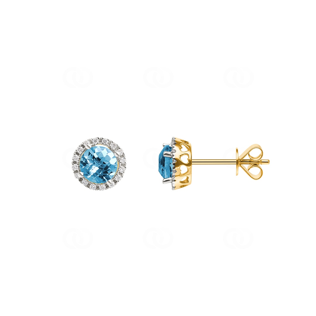 Ohrstecker 750/18 K Gelbgold mit Blautopas rund und Diamanten 0.09 ct H/si