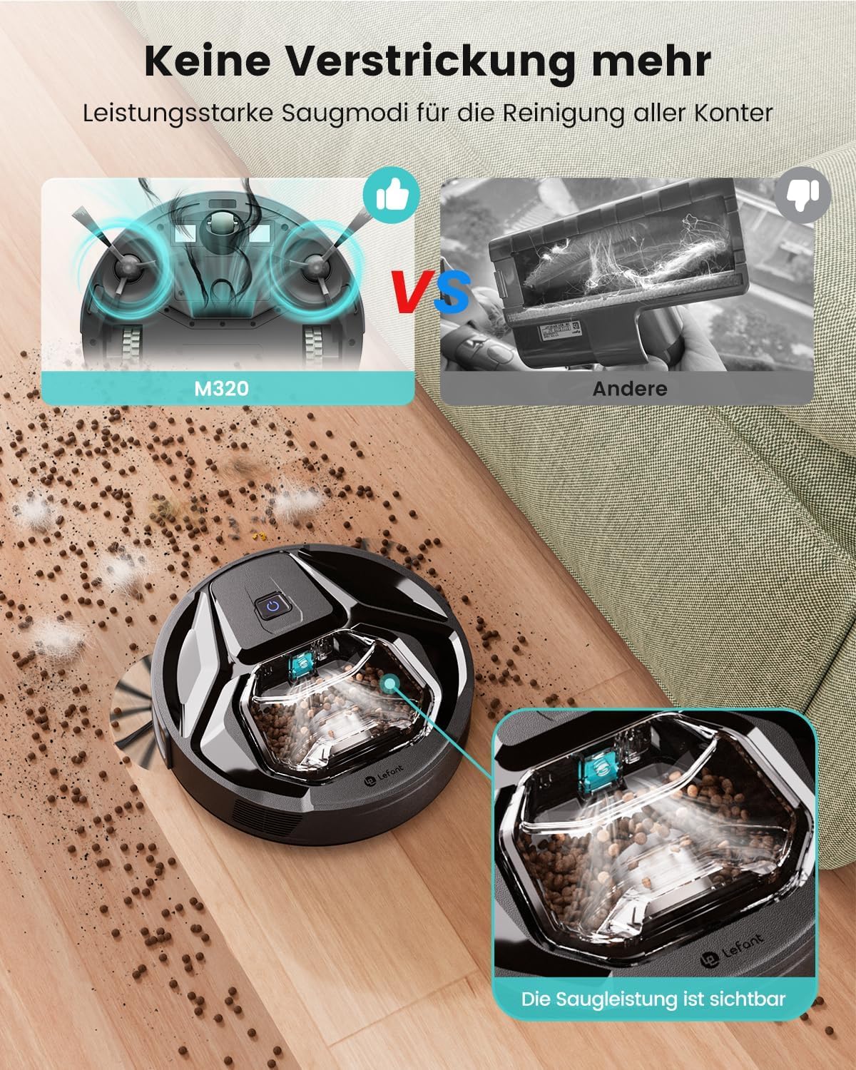 LEFANT M320 Saugroboter, Saugroboter mit Wischfunktion, Staubsauger Roboter mit 6000 Pa Saugkraft, Präzise Hindernisvermeidung, Teppicherkennung, Steuerung per App/Alexa, Sperrzonen-Einstellung