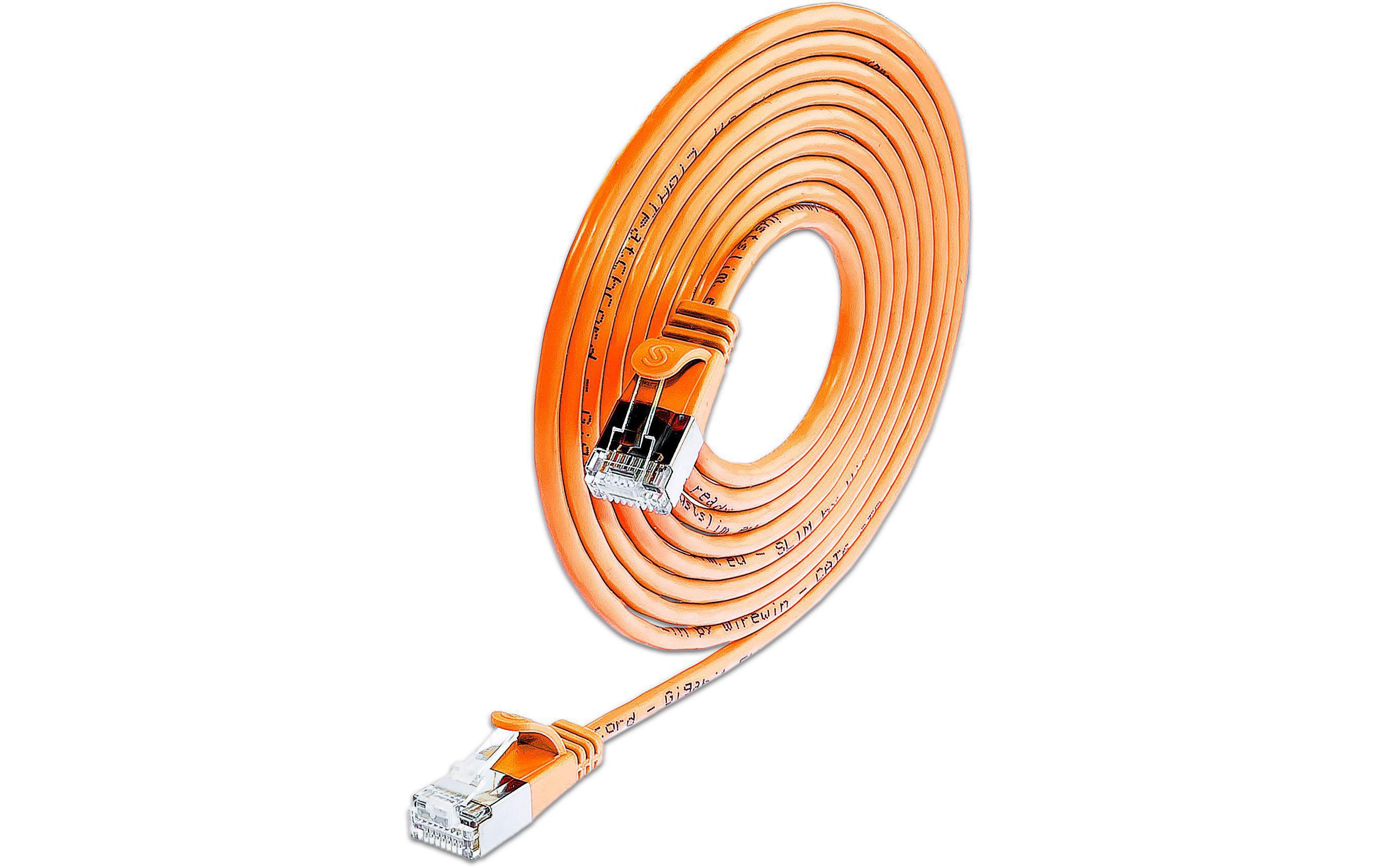 Slimpatchkabel RJ-45 - RJ-45, Cat 6, U/FTP, 7.5 m, OrangeGeschirmtes Cat 6 Twisted-Pair-Kabel (U/FTP) mit Klinkenschutz