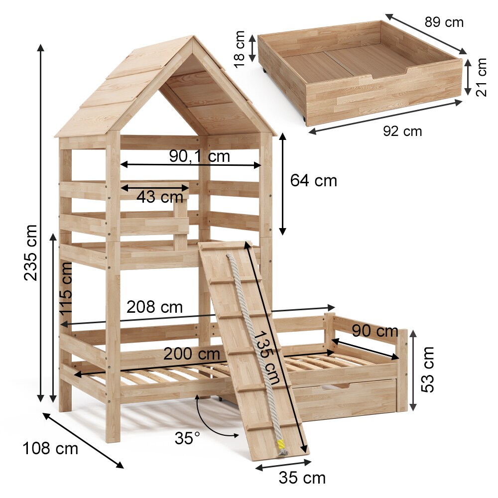 VitaliSpa Spielturmbett Kinderbett Spielbett Teddy Natur modern 208x235 cm Massivholz Kinderzimmer Lattenrost Bett Schublade Matratze Abenteuerbett Kletterbett