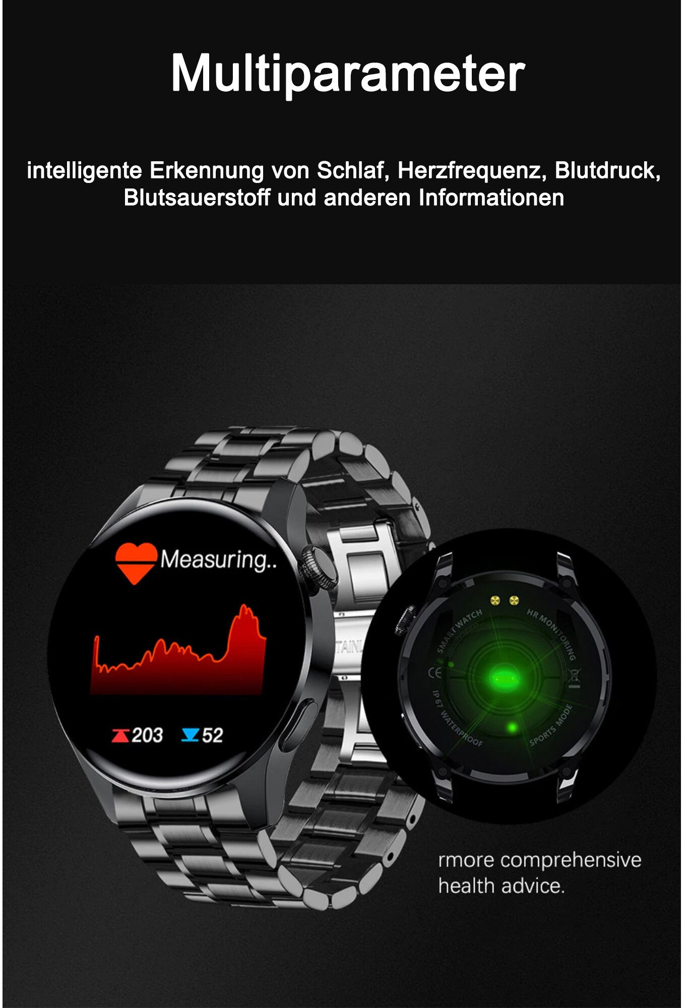 TPFNet Smart Watch / Fitness Tracker IP67 für Damen & Herren - Edelstahl Armband - Android & IOS - Schwarz