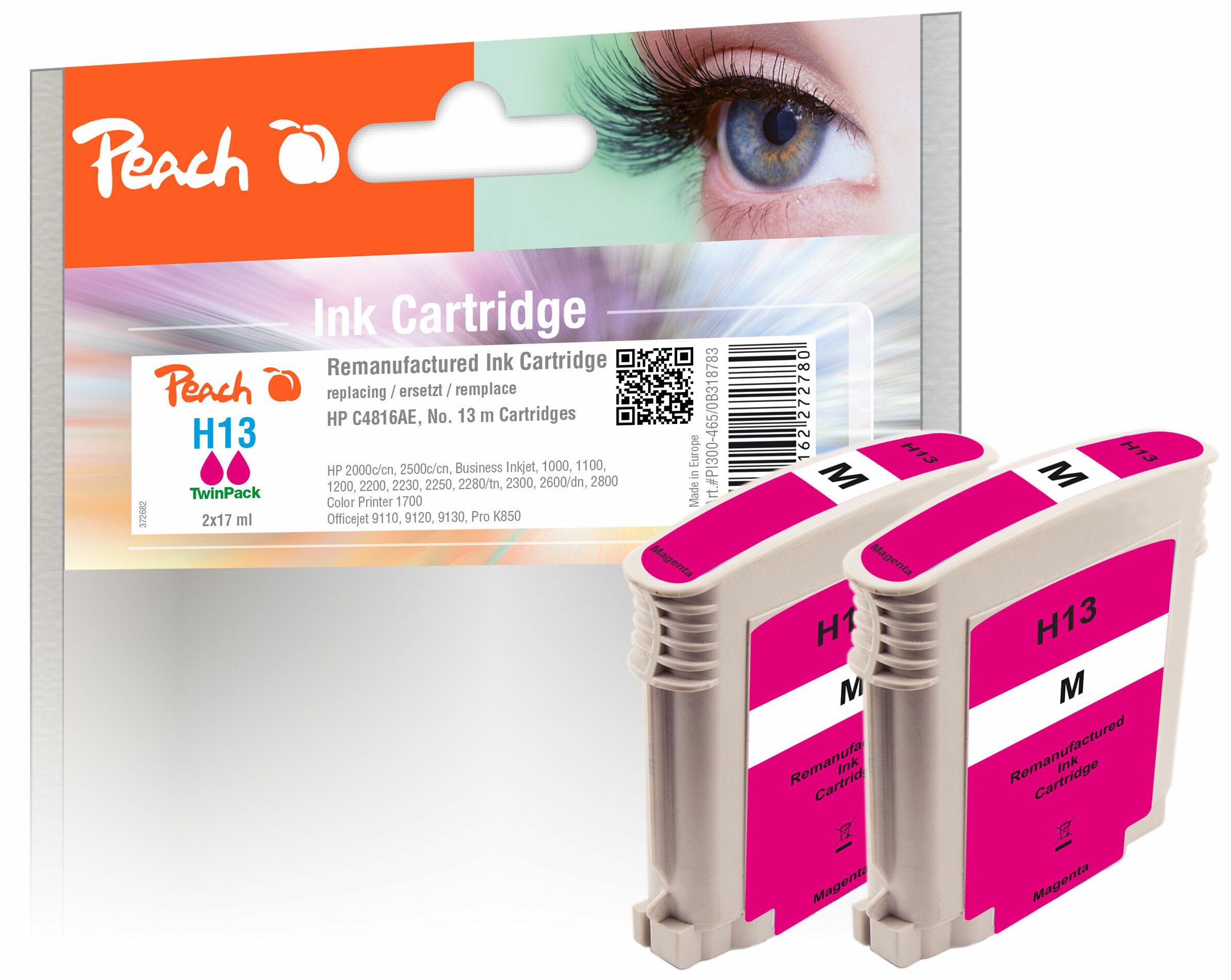 Peach HP 13 m 2 Druckerpatronen 2*ma ersetzt HP No. 13 m*2, C4816AE*2 für z.B. HP Business InkJet 1000, HP OfficeJet Pro K 850 (wiederaufbereitet)