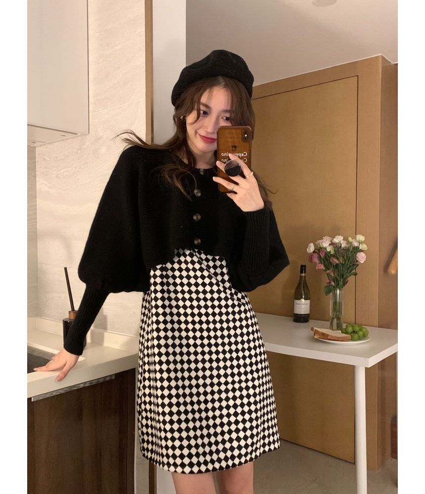 Monroll - Spaghettibandjes checkerboard mini-smokjurk / effen asymmetrische cropped cardigan