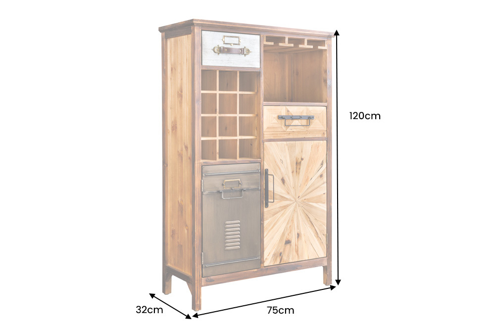Authentischer Barschrank ATELIER 120cm natur Pinienholz Metall-Vintage-Bar