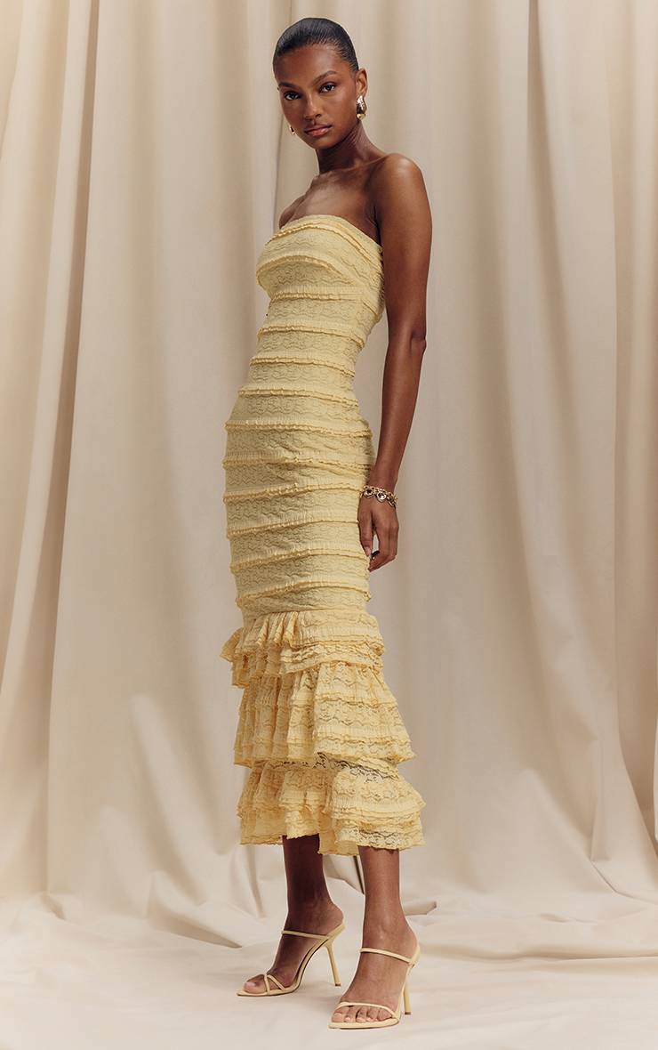 Citron Robe Mi-longue À Volants Superposés En Dentelle Texturée