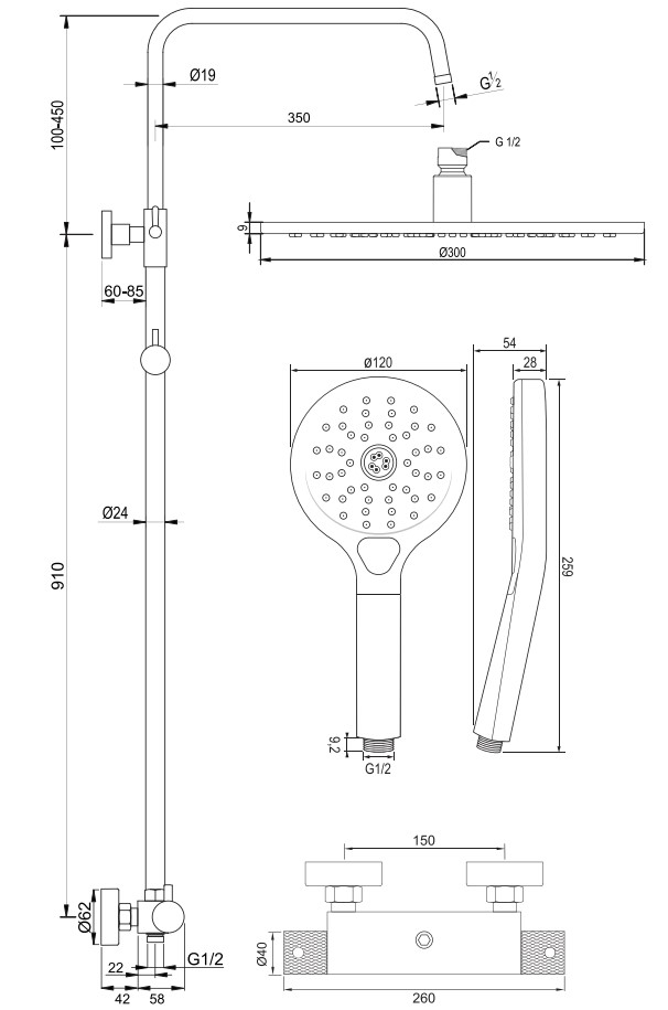 Brauer Gunmetal Carving opbouw regendouche met 30cm douchekop en 3 standen handdouche gunmetal geborsteld PVD