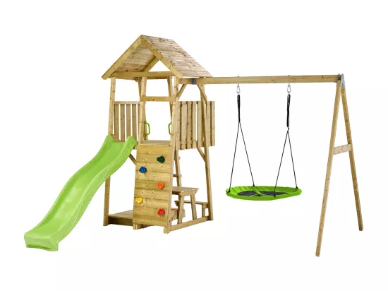 KANGUI Aire de jeux portique en bois WOODI - Double balançoire ou Nid, toboggan, mur d'escalade, bac a sable, table pique nique, cabane, échelle
