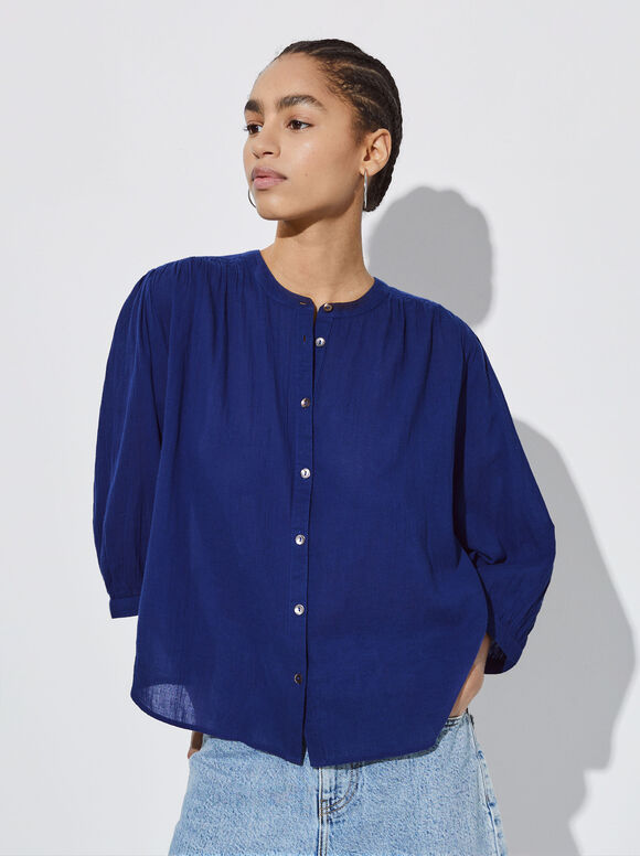 Camisa estruturada com mangas bufantes - Azul