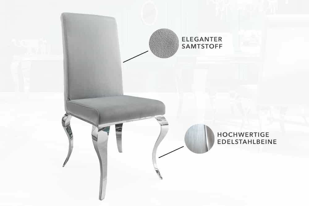 Eleganter Stuhl MODERN BAROCK edel-grau Samt Stuhlbeine aus Edelstahl
