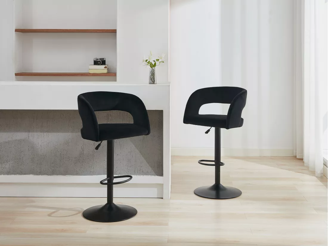 Lot de 2 tabourets de bar en velours et métal - Hauteur réglable - Noir - LAJUNIA