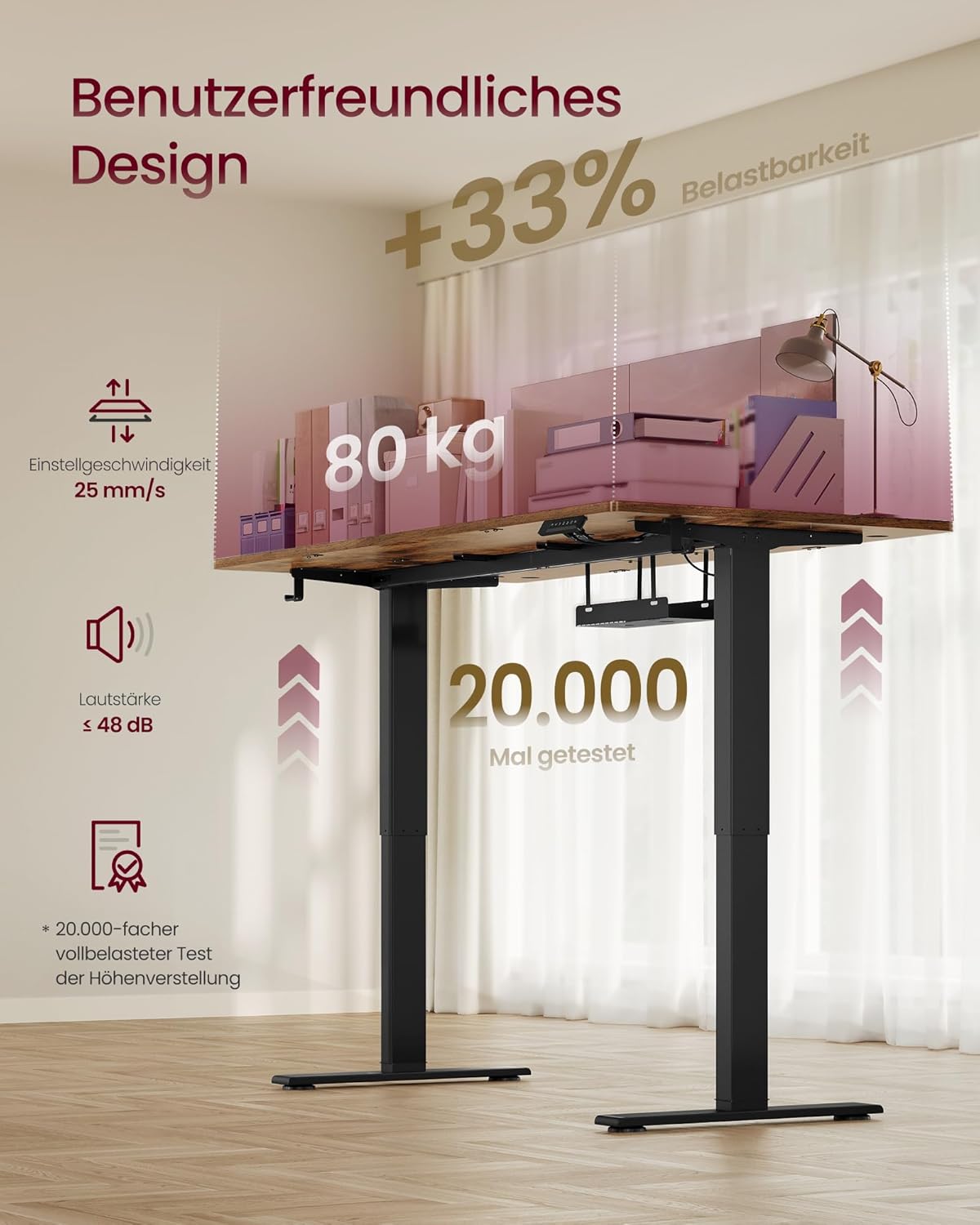 VASAGLE Höhenverstellbarer Schreibtisch, 140 x 80 cm, USB-C-Anschluss, Ablage für Steckdosenleiste, Stehtisch, Erinnerung bei langem Sitzen, 3 Speichertasten, für Büro, vintagebraun LSD144KD02