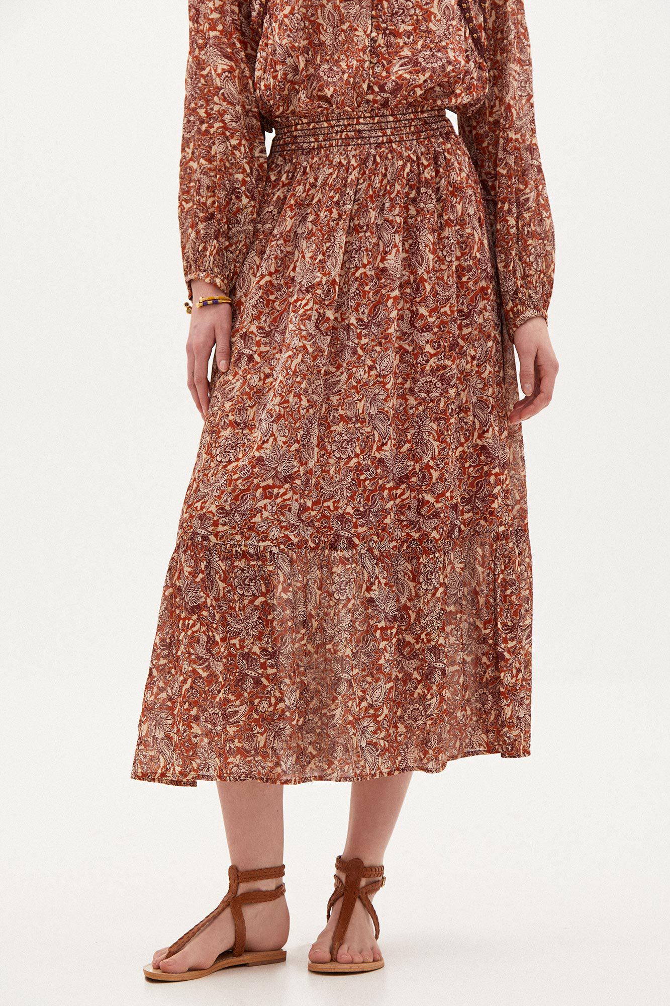Saia midi estampada Iria - Marrom