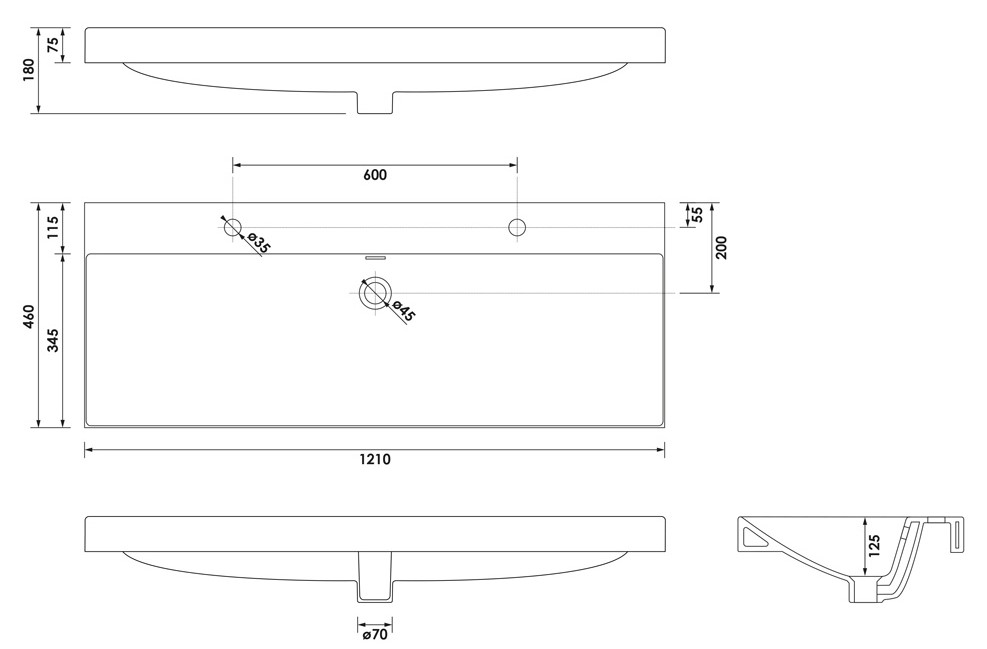 Brauer Aurora wastafel keramiek 120cm met 2 kraangaten wit glans