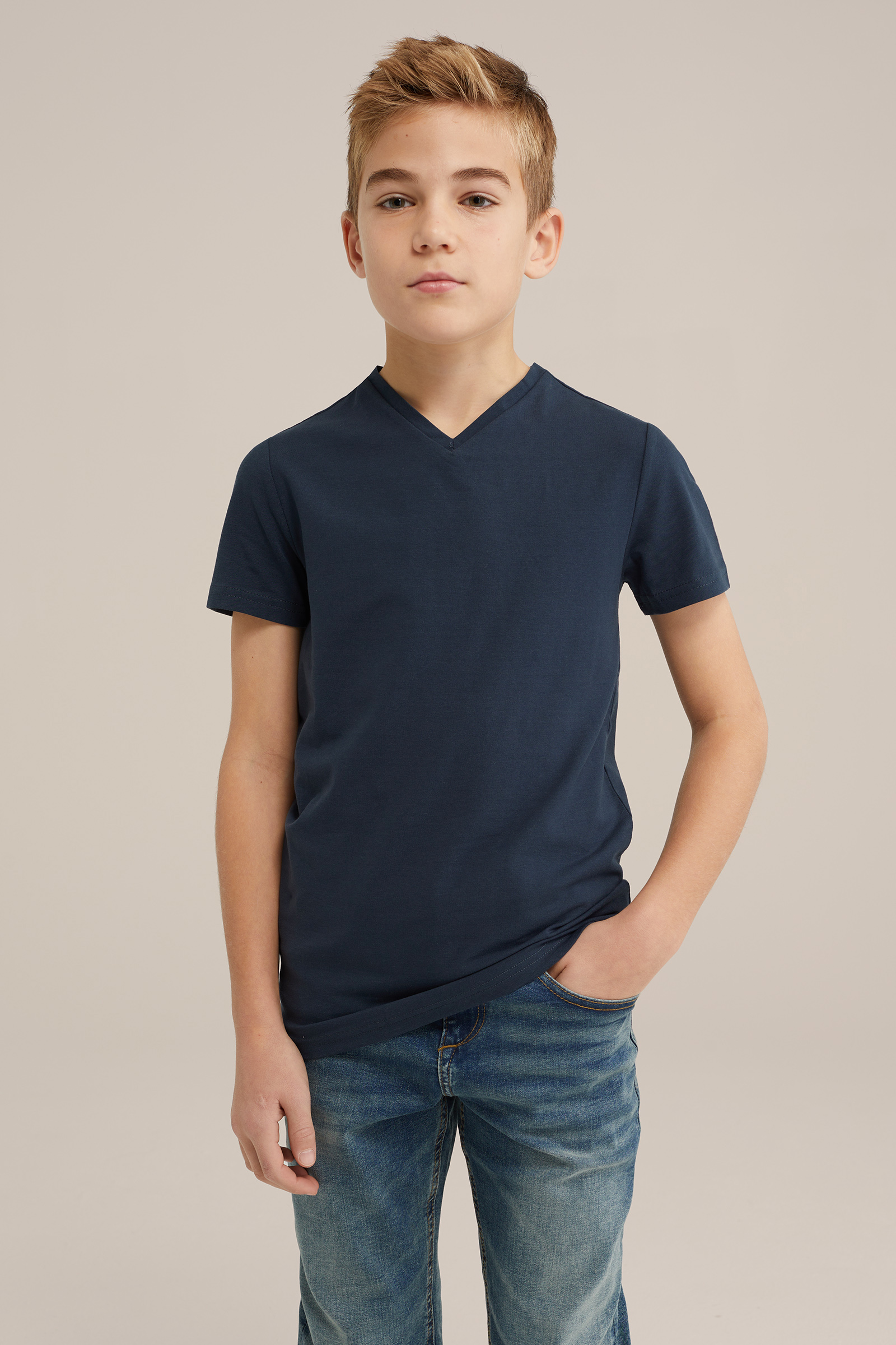 Jongens basic T-shirt met V-hals WE Fashion Donkerblauw