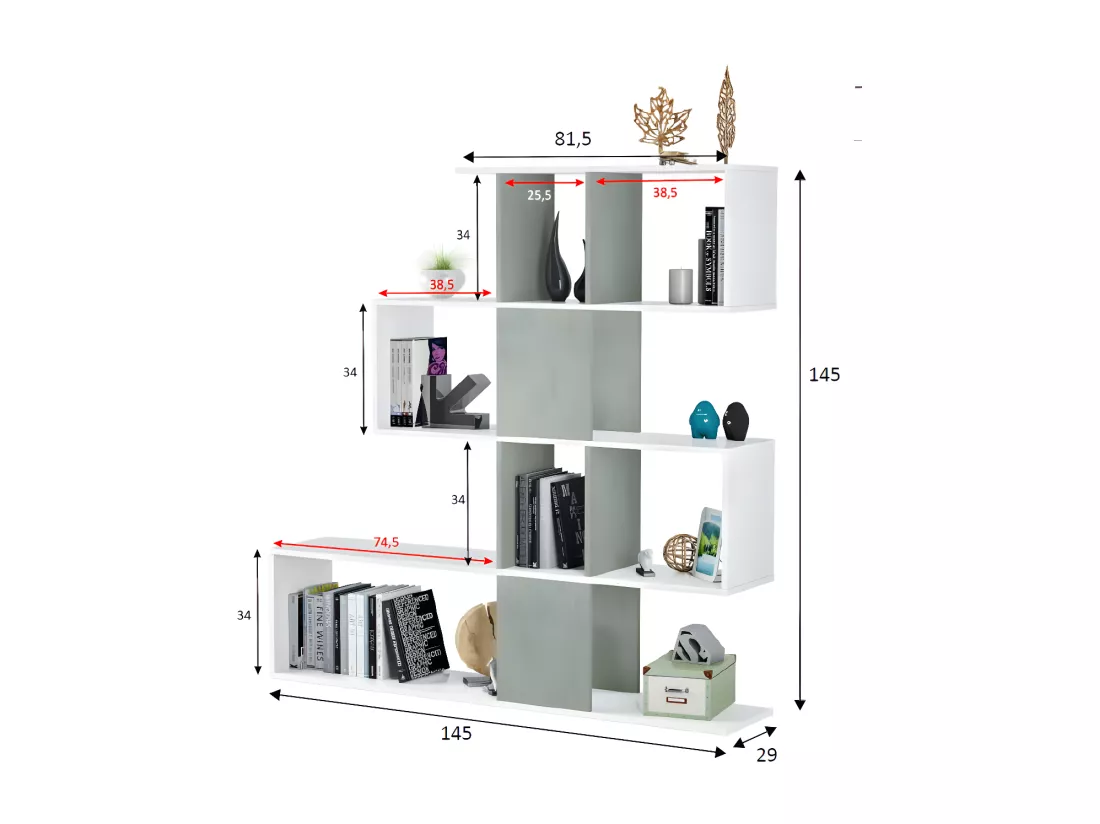 Bibliothèque Damago, Bibliothèque avec 7 compartiments, Étagère de bureau moderne, Armoire murale avec étagères, 145x29h145 cm, Blanc et Ciment