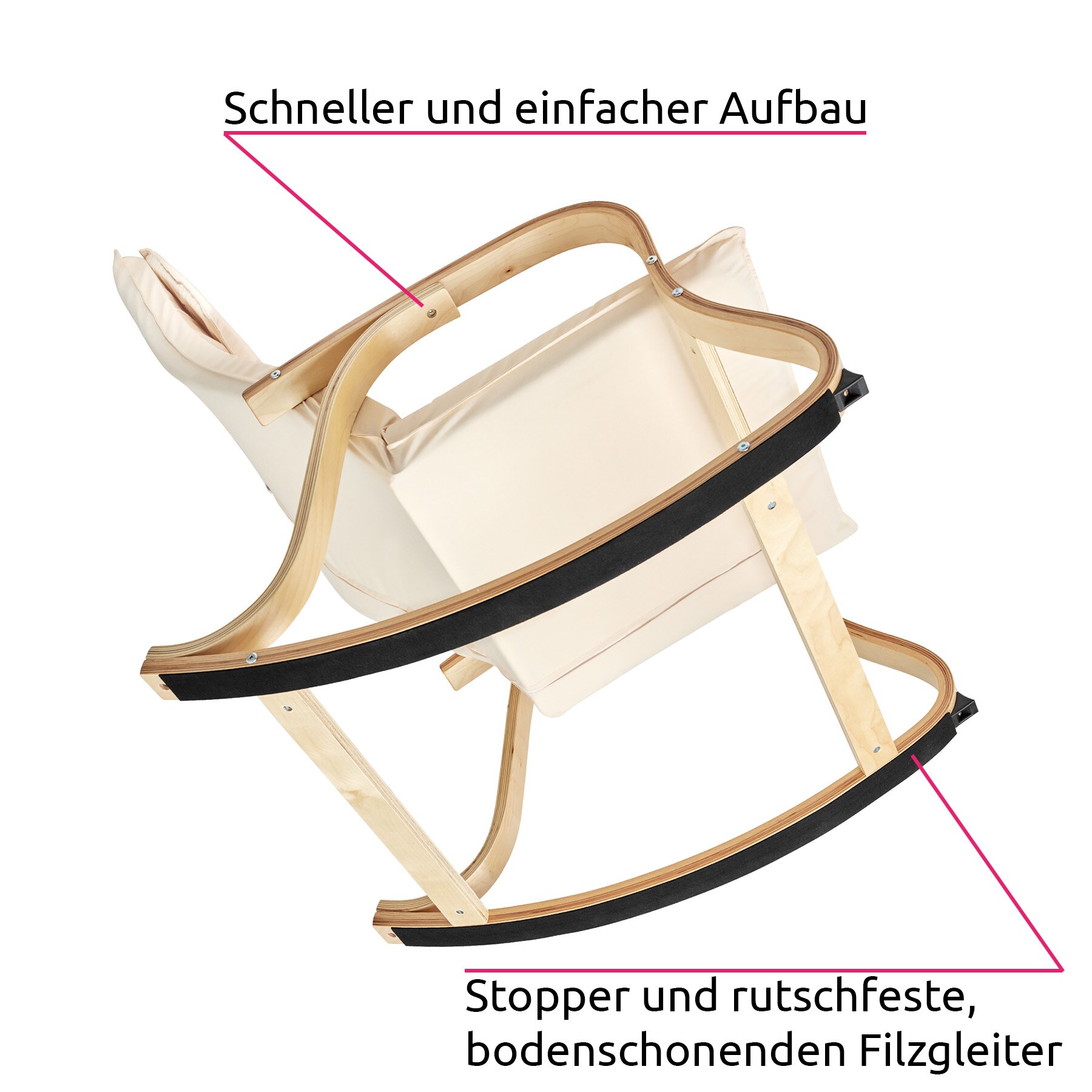 tectake® Schaukelstuhl, mit Armlehnen, Gestell aus Birkenholz, 150 kg, 65 x 94 x 100 cm