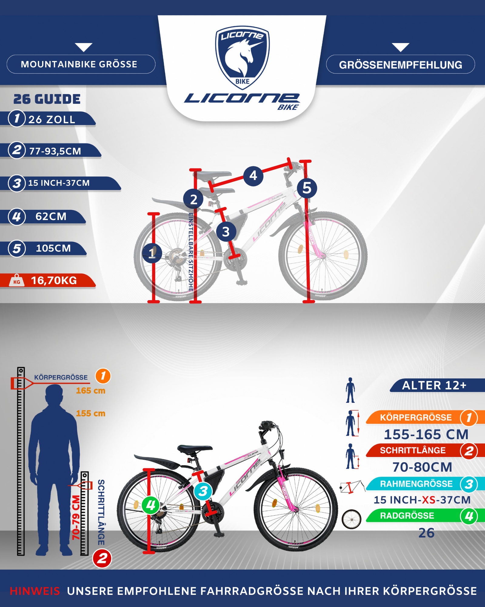 Licorne Bike Guide Premium Mountainbike in 20, 24 und 26 Zoll - Fahrrad für Mädchen, Jungen, Herren und Damen - Shimano 21 Gang-Schaltung, Kinderfahrrad, Kinder