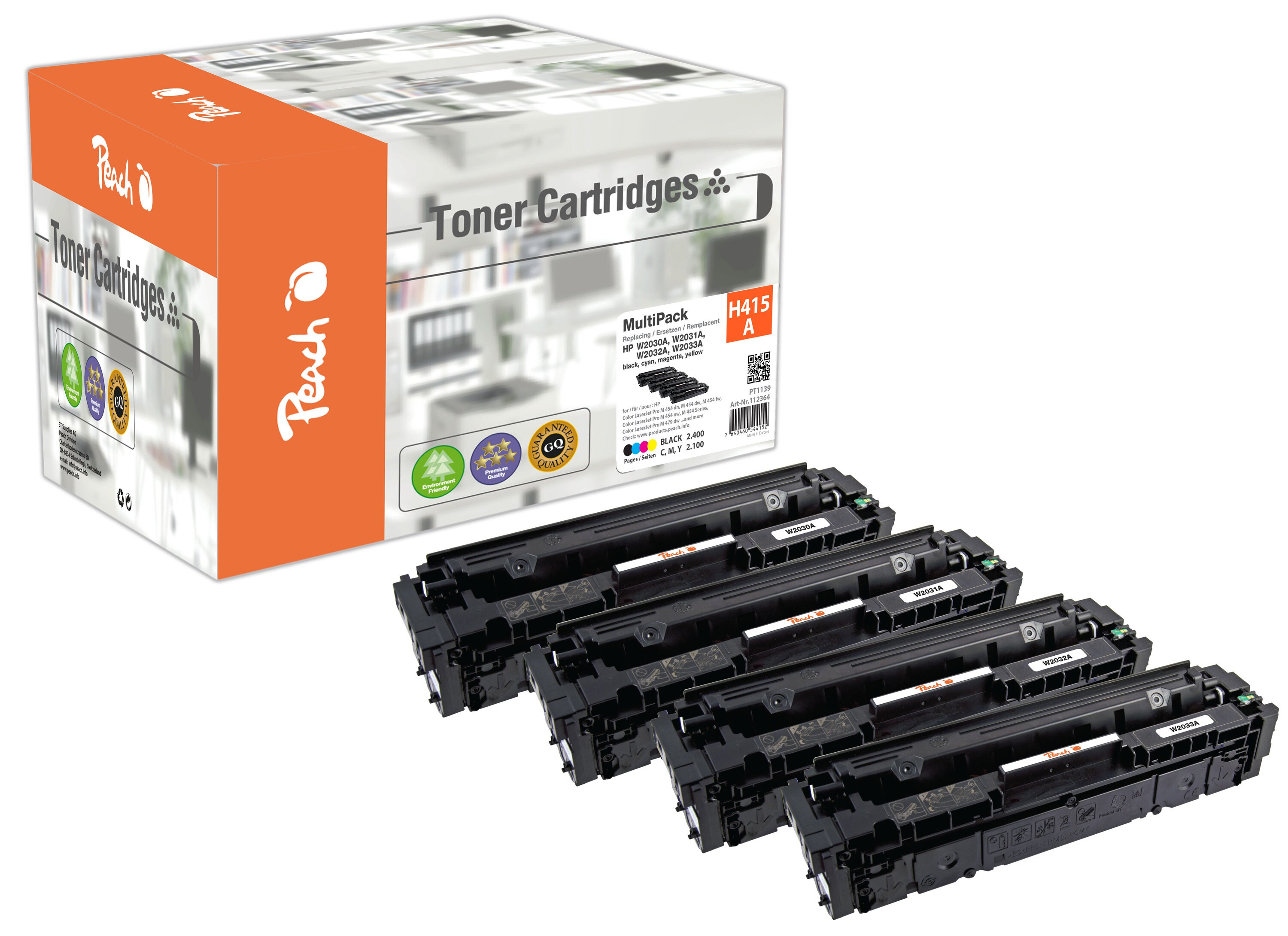 Peach HP 415 A 4 Toner (bk, c/m/y) ersetzt HP No. 415A, W2030A, W2031A, W2032A, W2033A für z.B. HP Color LaserJet Pro MFP M 479 dw (wiederaufbereitet)
