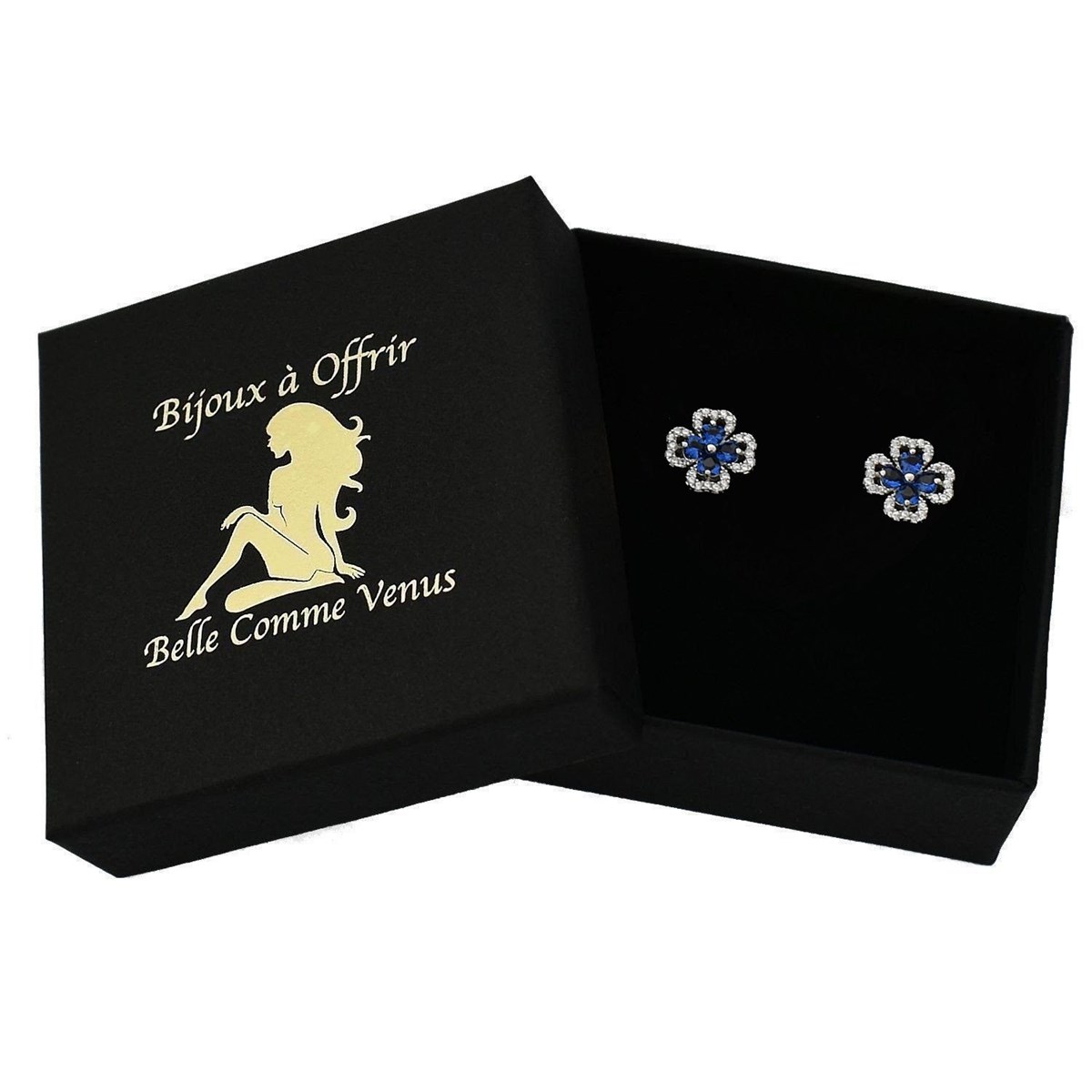Boucles d'oreilles trèfle de coeurs oxydes de zirconium bleus roi Argent 925 Rhodié