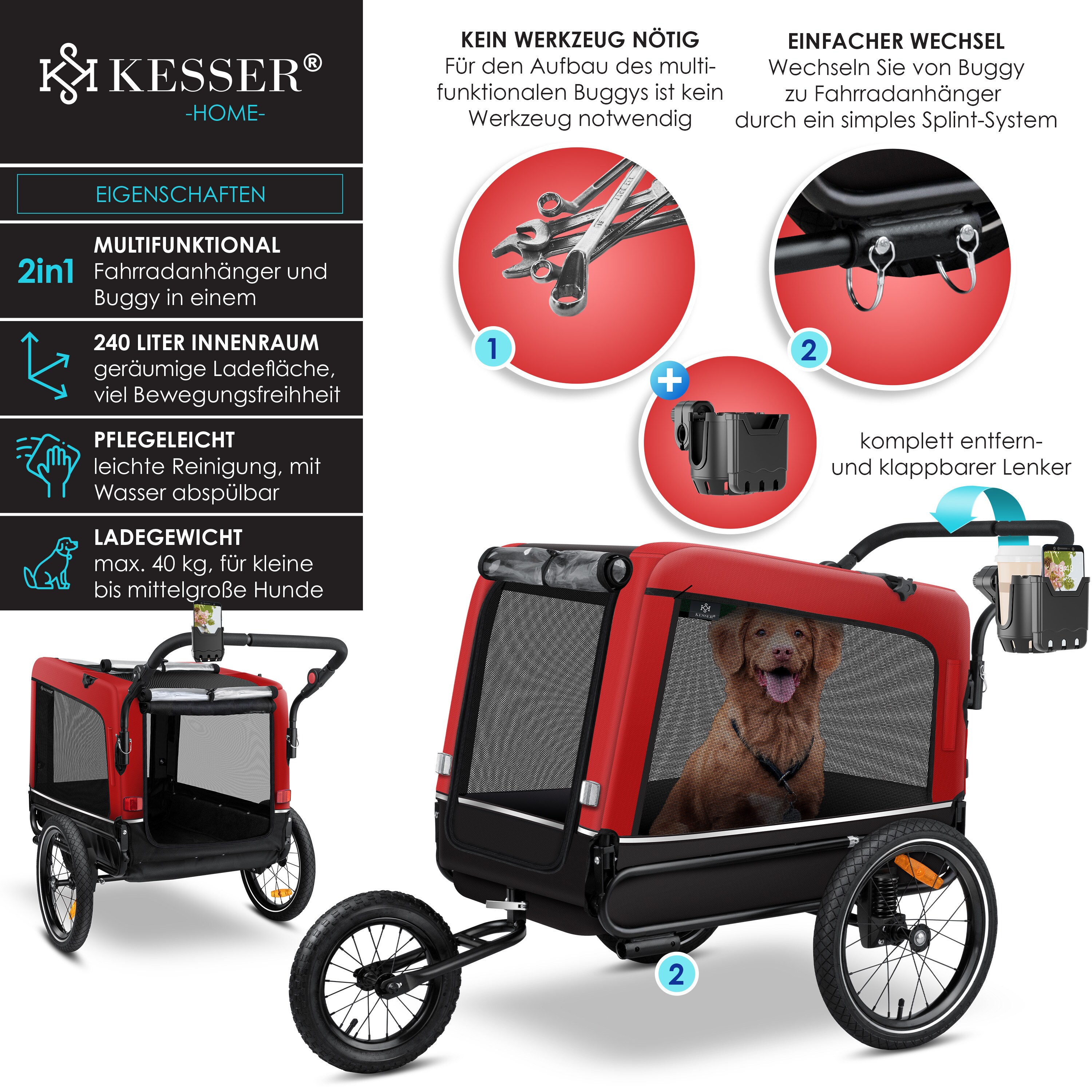 KESSER® Hundeanhänger Boxer 3-in-1 Hundebuggy & Jogger Fahrradanhänger groß ca. 240 Liter Volumen, gefedert, Material: 600D Oxford Canvas, SmartSpace Concept, maximale Belastbarkeit: 40 kg