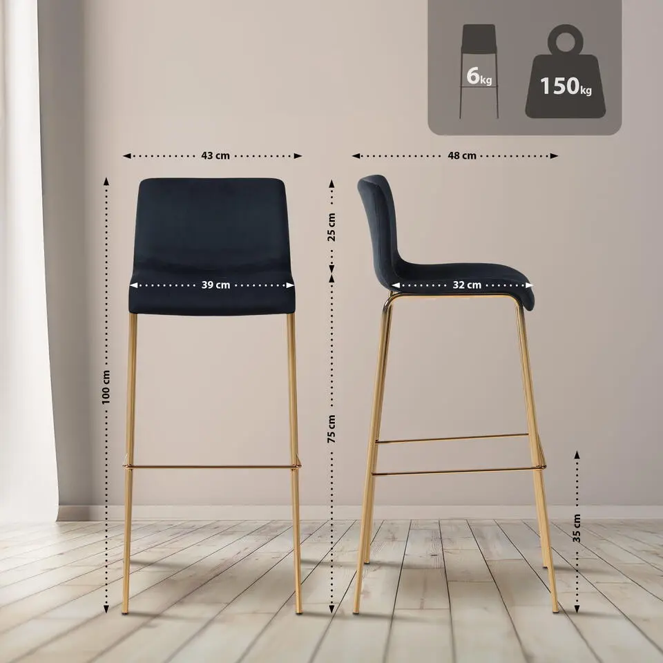 CLP Barkruk Hoover goud Frame - Fluweel - zwart