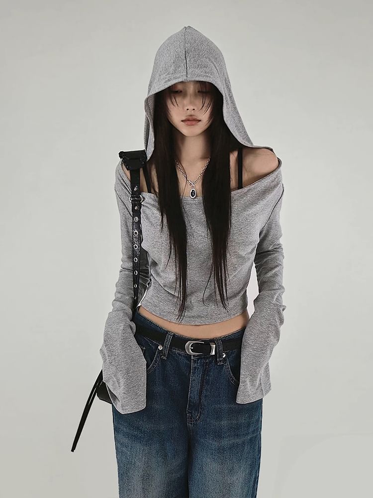 Bababy - Lange mouwen off-shoulder crop top met capuchon