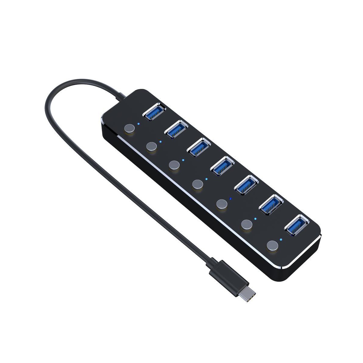 NÖRDIC 7-ports hub USB-C 3.0 5Gbps med individuell bryter 25 cm kabel svart aluminium