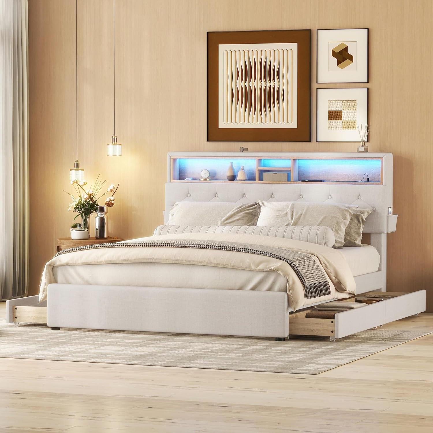 Merax Doppelbett Polsterbett mit Stauraum und USB-Aufladung: Polsterbett mit LED-Beleuchtung, verstellbarem Kopfteil und Vier Schubladen – Beige, 140 x 200 cm (Ohne Matratze)
