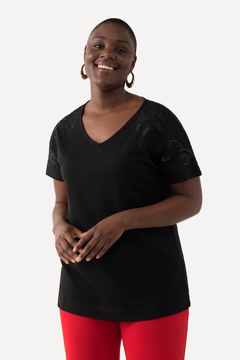 T-Shirt, Pailletten-Stickerei, Oversized, V-Ausschnitt, Halbarm
