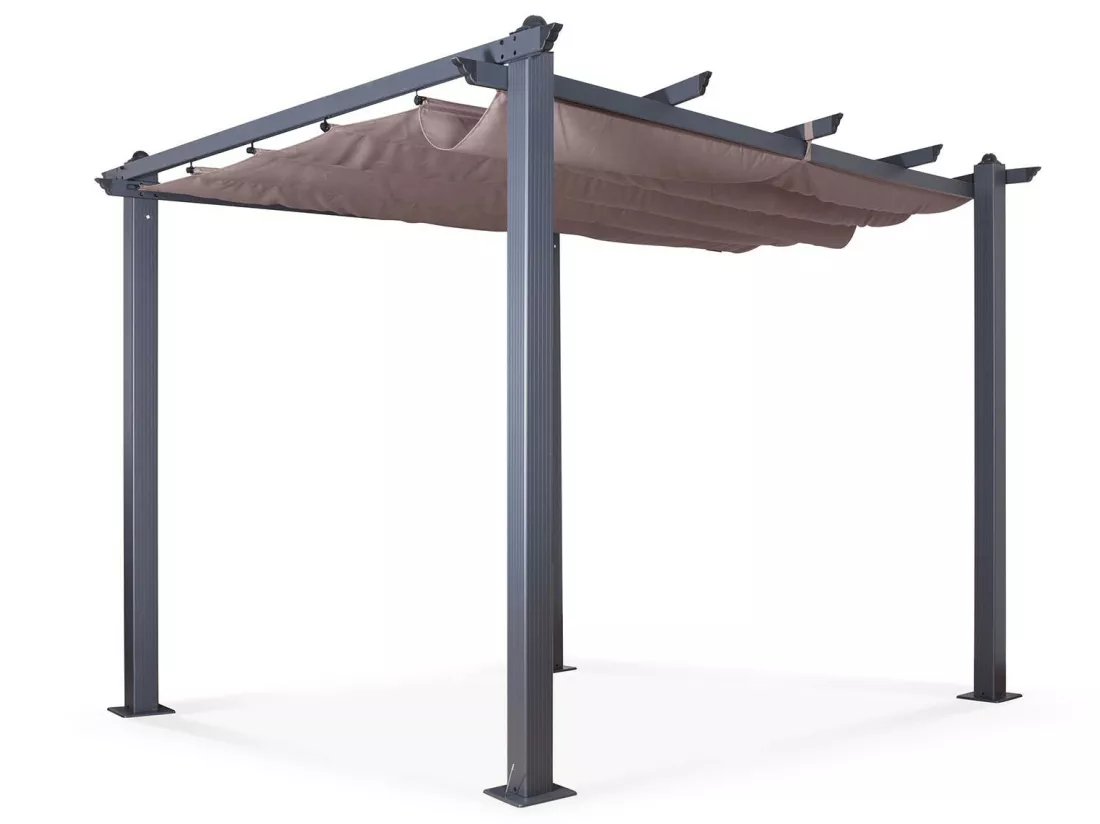Tonnelle/Pergola aluminium 3x3m toile coulissante rétractable - Gris Taupe - HERO