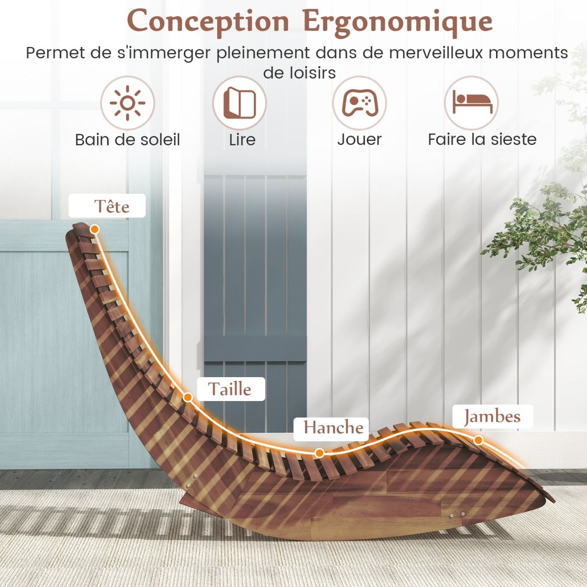 Lot de 2 Chaises Longue à Bascule en Bois d'Acacia Conception à Lattes Butées de Fond Charge Max 160KG Transat Ergonomique Naturel - Lidl-Manfred
