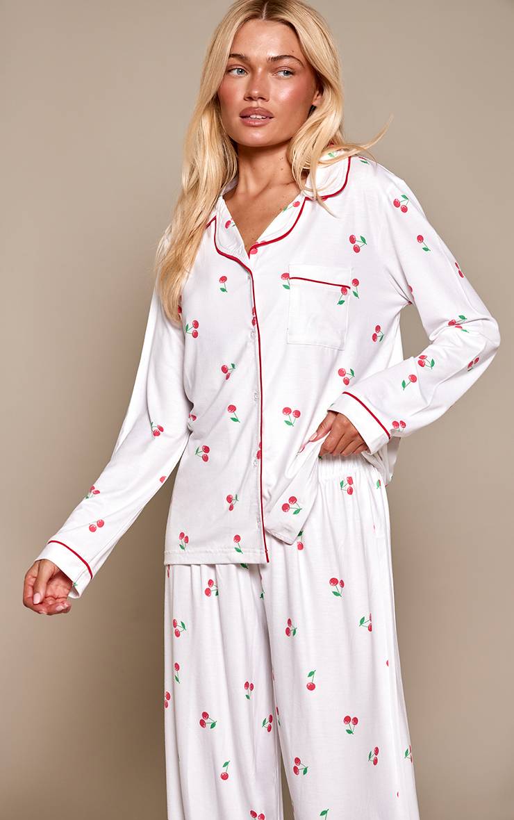 Blanc Cassé Ensemble Pyjama Haut Manches Longues Et Pantalon En Jersey Doux Avec Passepoil