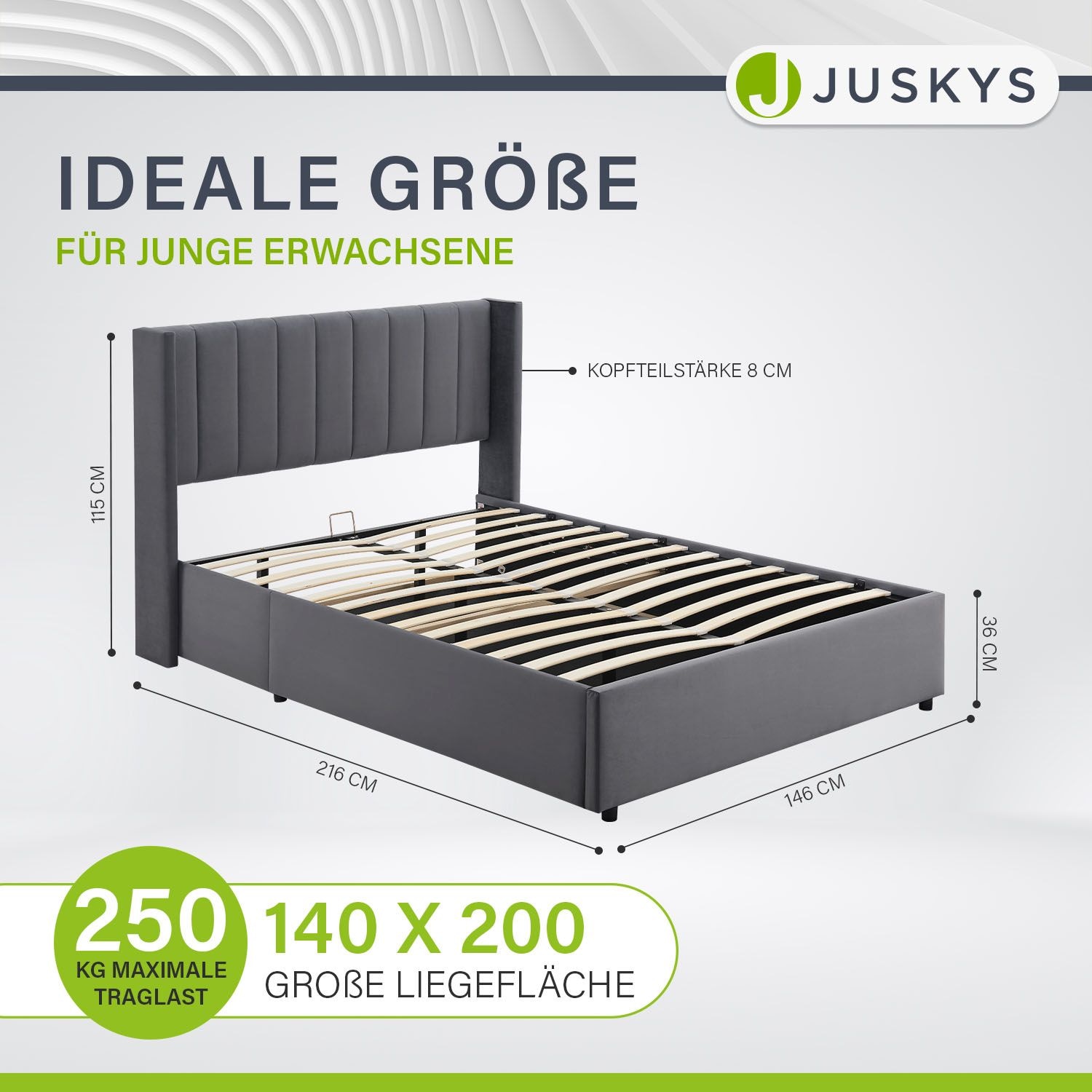Juskys Polsterbett Savona 140x200 cm mit Stauraum, H3 Matratze, Samt-Bezug, bis 250kg - Dunkelgrau