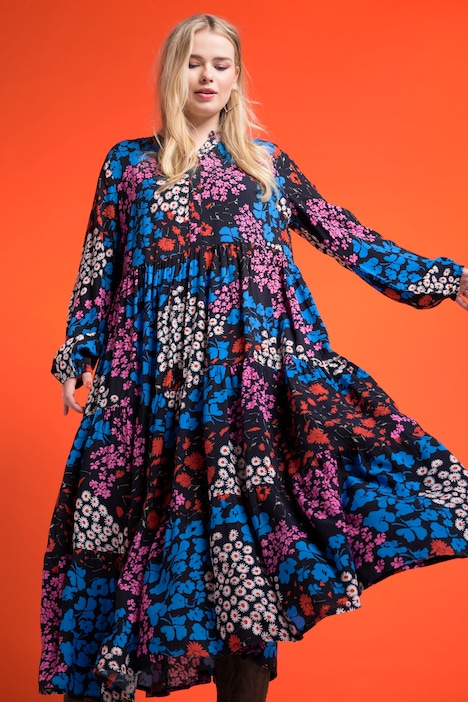 Maxikleid, Flower-Print, Stehkragen, Volants, Langarm