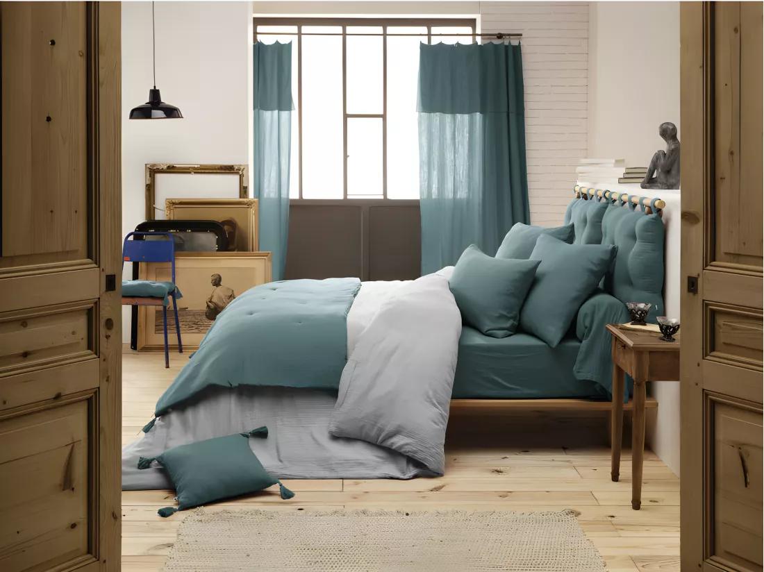 Édredon 90 x 200 cm gaze de coton bleu canard avec 4 pompons - PEPA