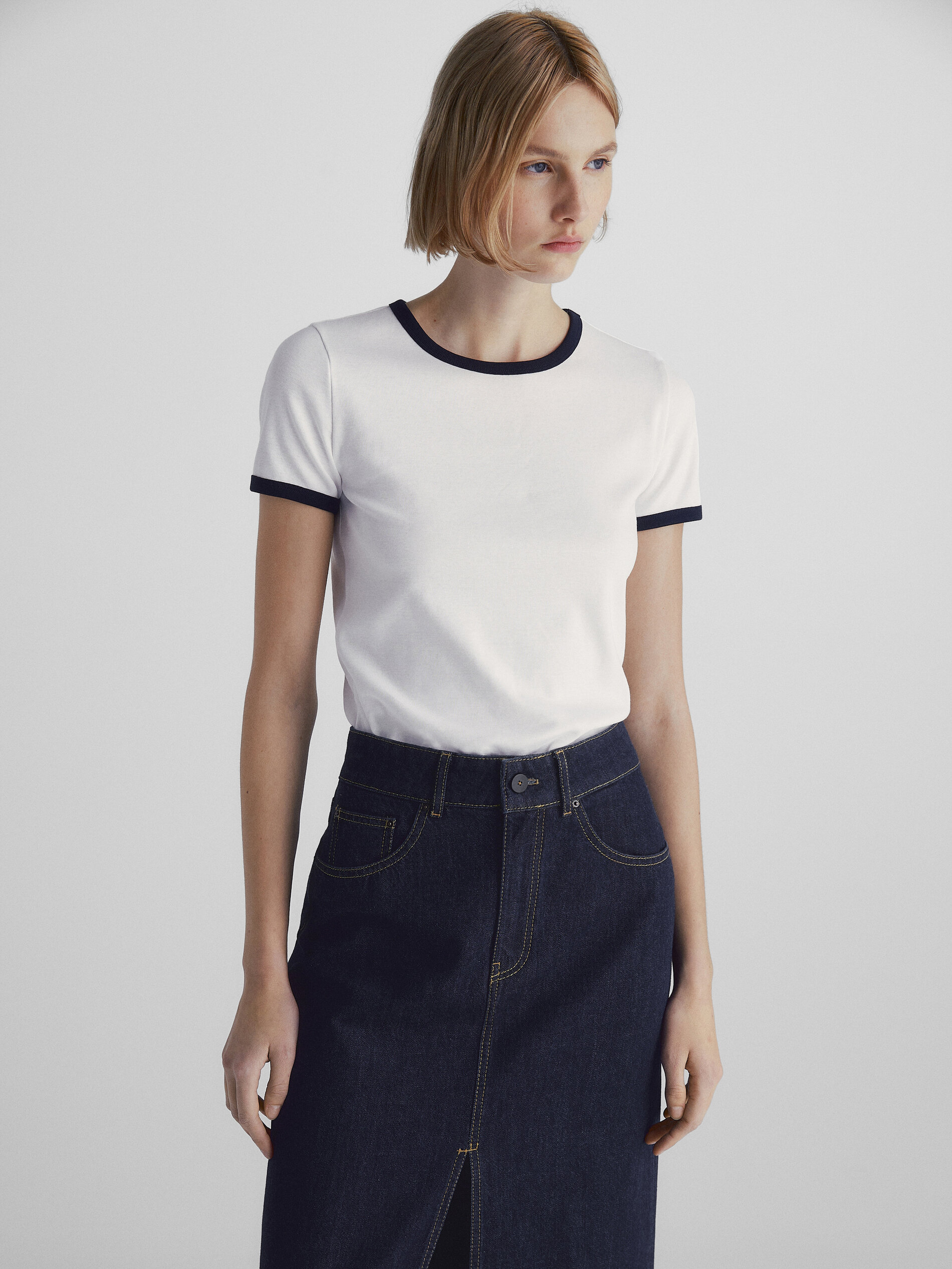 Saia jeans de cintura alta - AZUL MÉDIO
