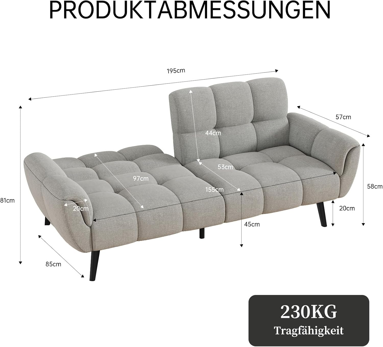 Sofa Mit Schlaffunktion, Klappsofa Sofa 3 Sitzer, Schlafsofa 155x85cm, Bequemes Geeignet Für Wohnzimmer, Büro, Lounge, Zimmer, Schlafzimmer (Hellgrau)