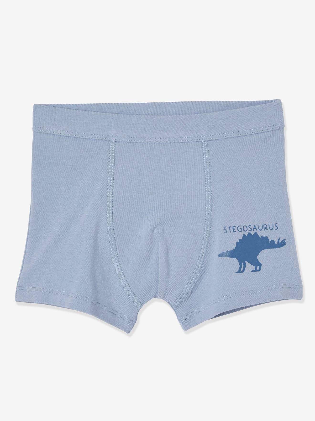 Pacote com 7 cuecas boxer elásticas com estampa de dinossauro, para meninos, lisas e brancas.