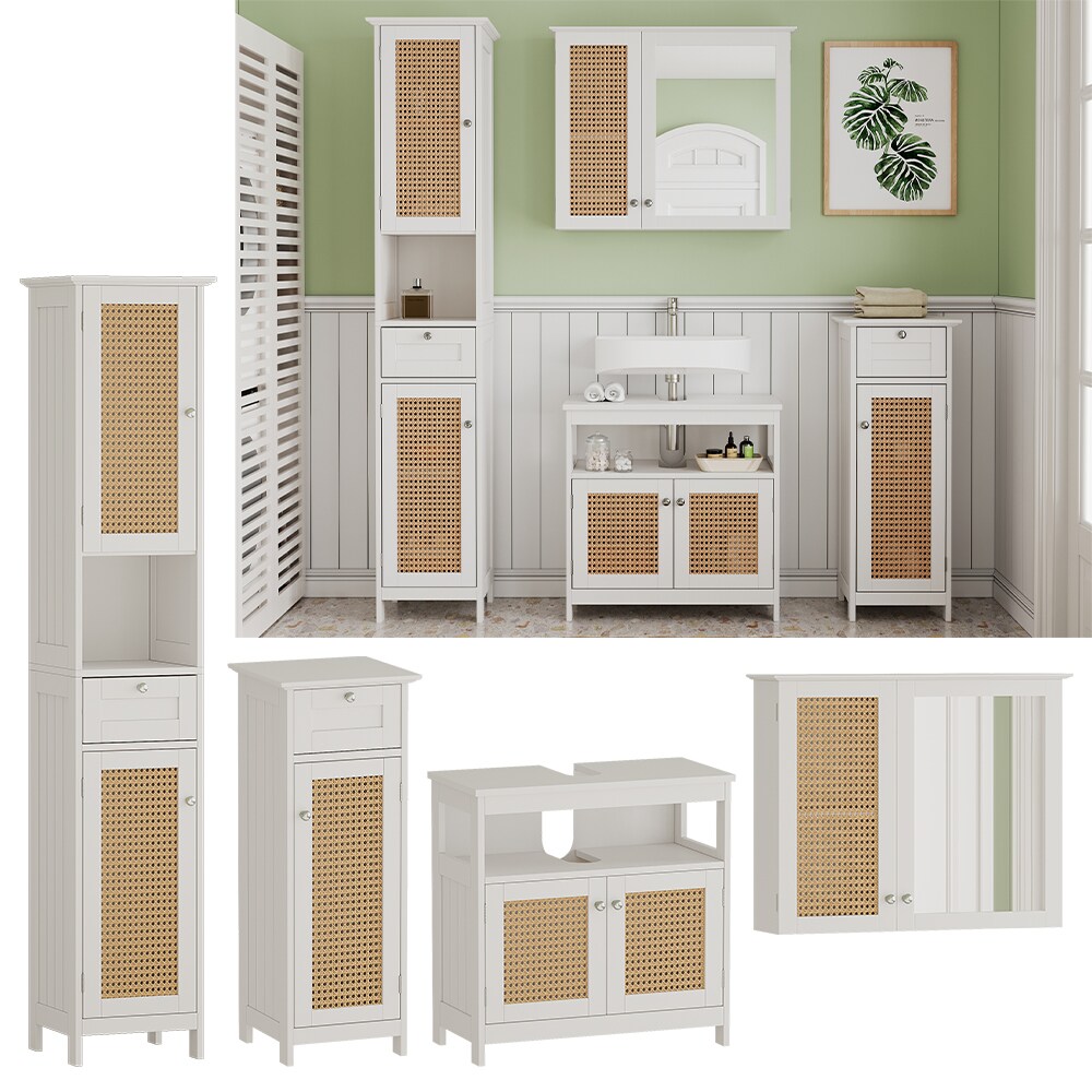 Vicco Badmöbel-Set Rosario, Weiß, moderne Serie, Badezimmer, dekorative Front, Spiegelschrank, Waschtischunterschrank, Midischrank, Hochschrank