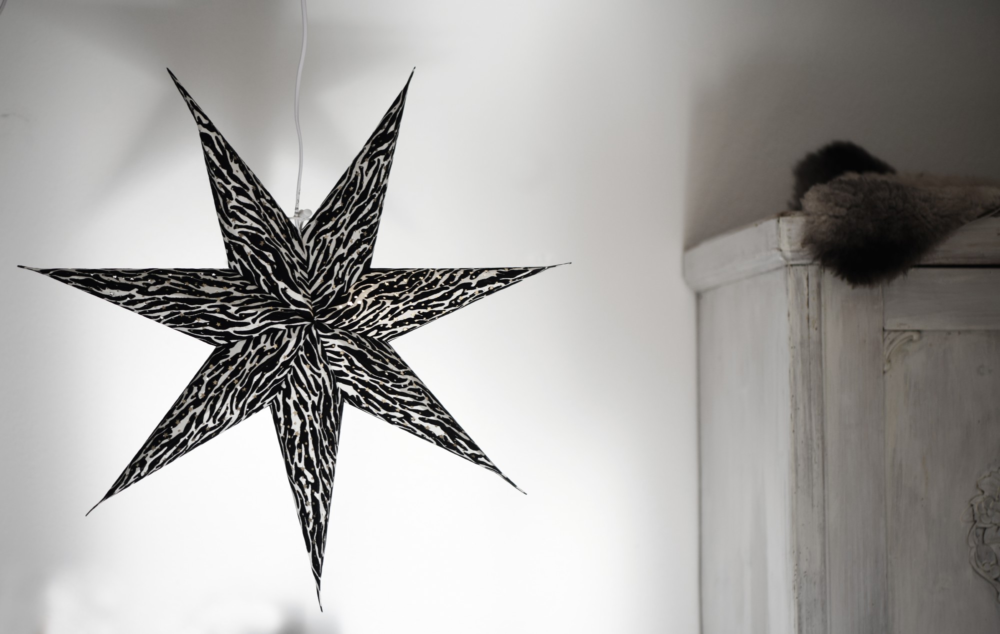 Papierlampe Stern 'Pashu', schwarz, weiß, Ø 62 cm, H 13 cm von fischer's lagerhaus