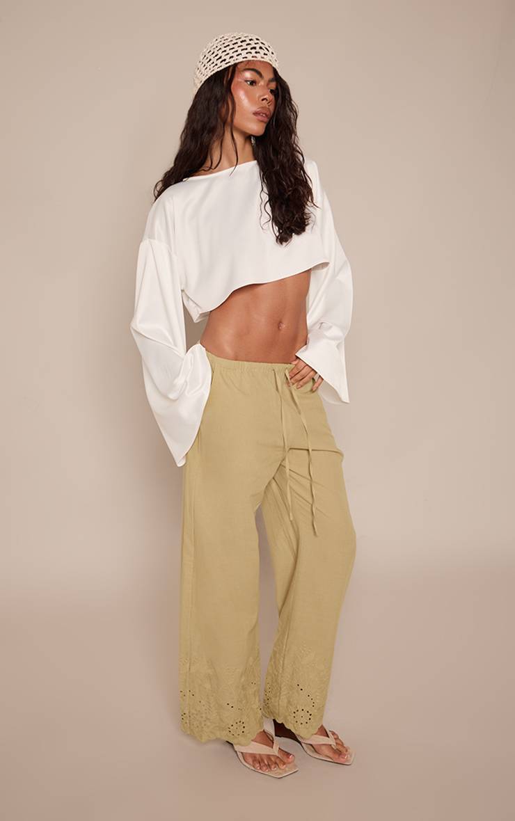 Vert Olive Pantalon Droit À Cordon Avec Détail Broderie Anglaise