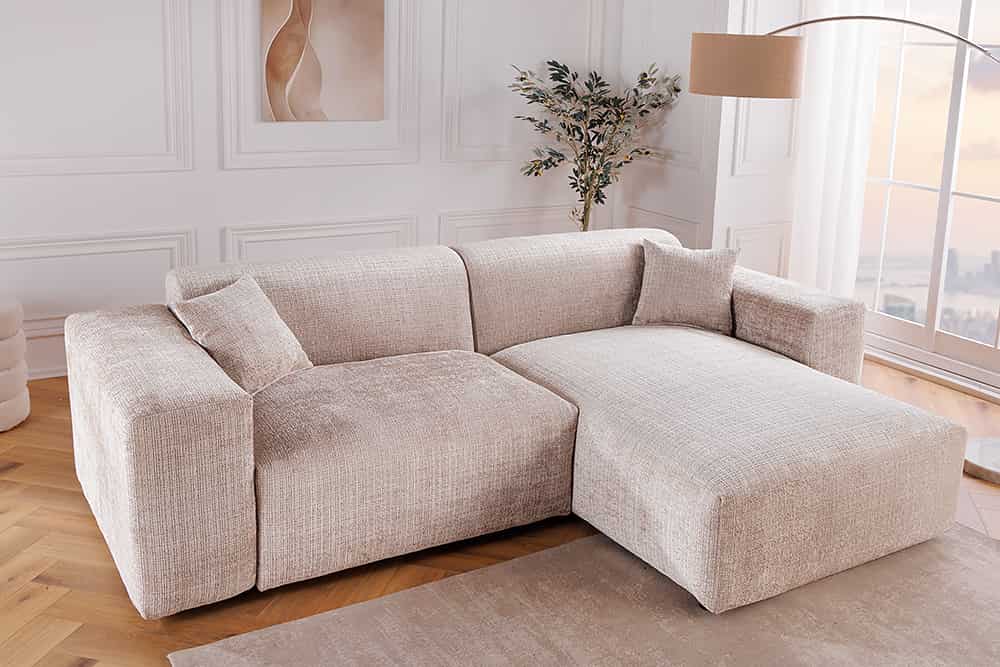 Modernes Ecksofa SIGNATUR 260cm beige Chenille Cremona beidseitig stellbar inkl. Kissen