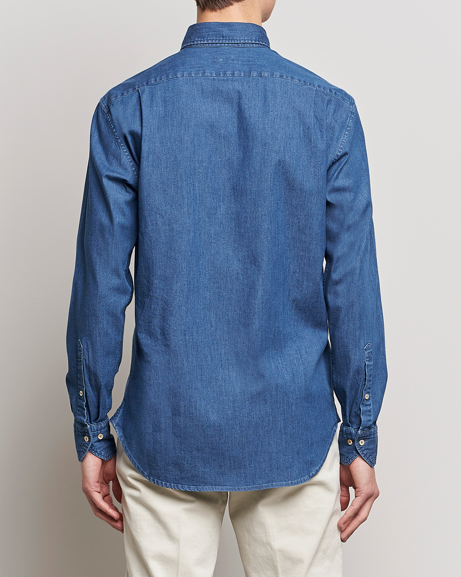 Stenströms Fitted Body Button Down Garment Washed Shirt Mid Blue Denim